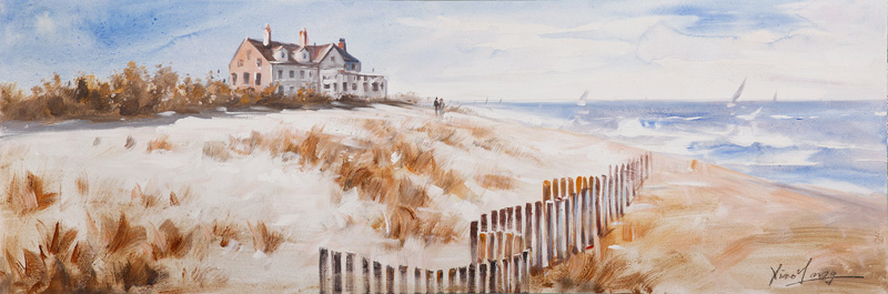 PXYW569 Wall décor art oil on canvas seascape blue wooden fence white tones